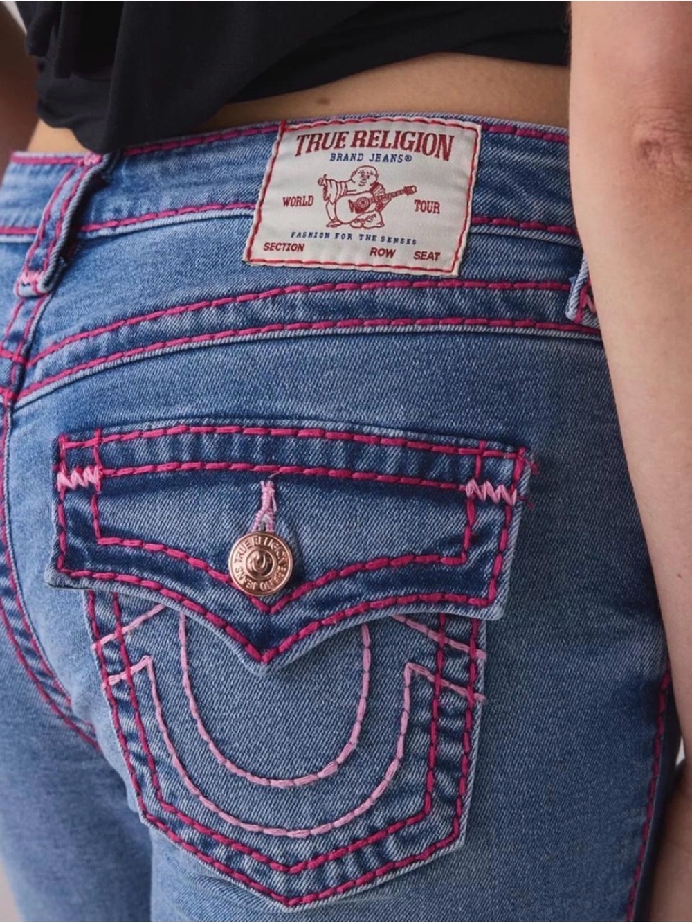 True Religion Blue Skinny Jeans with Pink Contrast Stitching